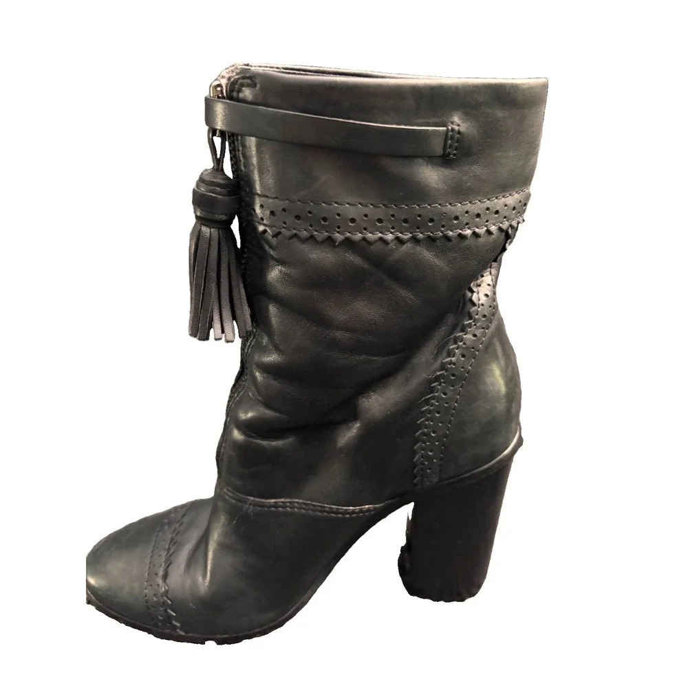 Tory Burch Black Leather Huxley Tassel Ankle Boots Block Heel Women Size 8